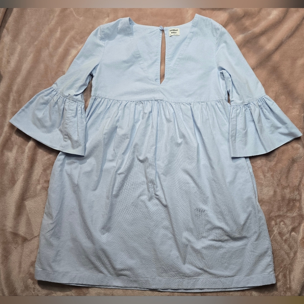 Aritzia- Sunday Best Light Blue Dress Ruffle Bell Sleeve With Pockets Size XXS